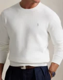 Pull à col rond en coton piqué - Blanc moussaillon