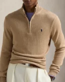 Pull demi-zippé en coton - Mélange camel