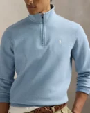 Pull quart de zip en maille double - Bleu Chiné Moderne